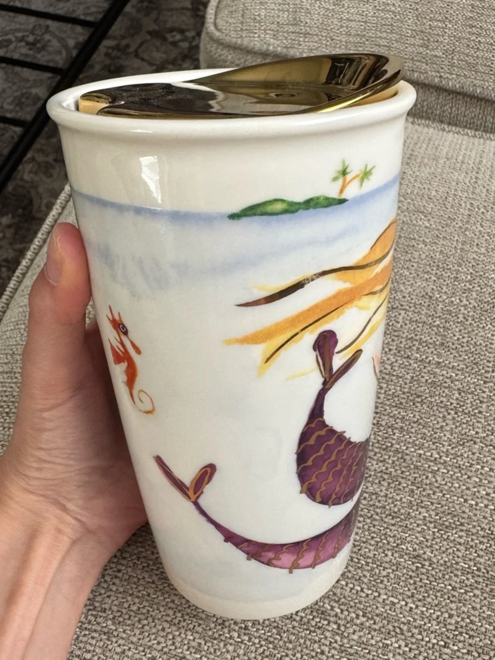 Starbucks Cup Siren Mermaid Mug Ceramic 12 oz Coffee Tumbler with Gold Lid